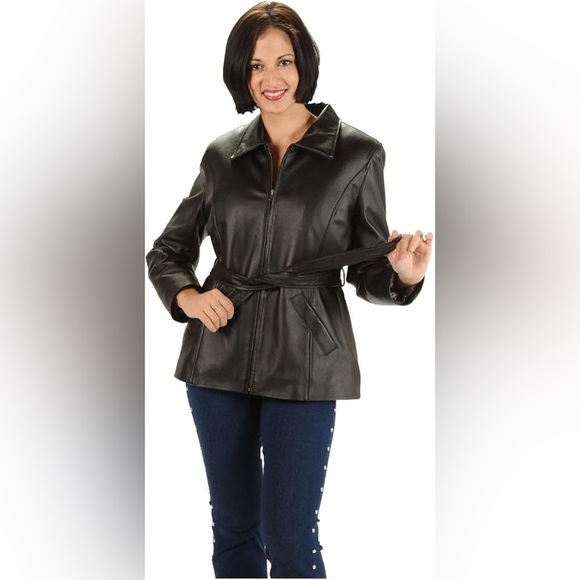 (P1) Kathy Ireland Jacket Black genuine leather belted coat, size S - Picture 1 of 15